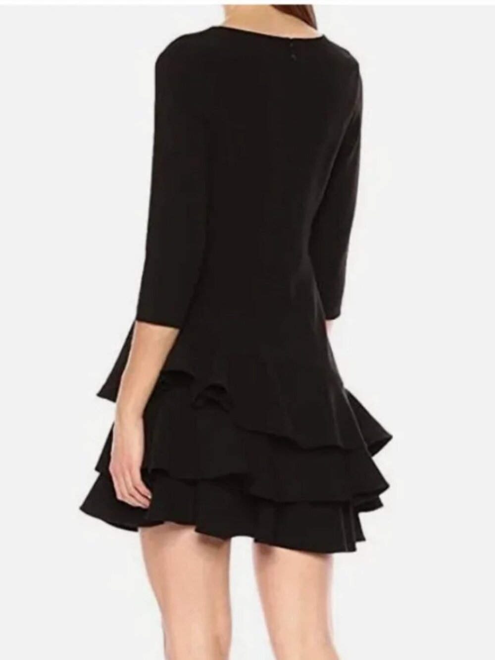 Halston Heritage Black 3/4 Sleeve Drop Waist Ruffle 3-Tier Cocktail Mini Dress 4 - Picture 2 of 2